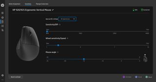 A screenshot of the HP Accessory Center app showing options for the HP 925 ergonomic vertical mouse