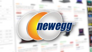 Newegg logo over blurred images of neweeg.com website