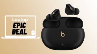 Beats Studio Buds Plus in black colorway against gold gradient background