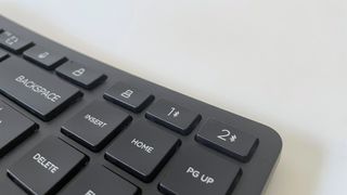 Close up of the dual-mode wireless keys on the HP 960 Ergonomic Keyboard