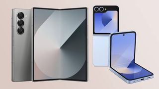 Samsung Galaxy Z Fold 6 in silver colorway and Galaxy Z Flip 6 in blue colorway