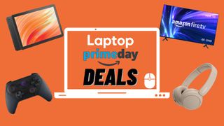Exclusive Prime Day deals Fire HD Tablet, Luna wireless controller, Fire TV and Sony headphones against an orange background